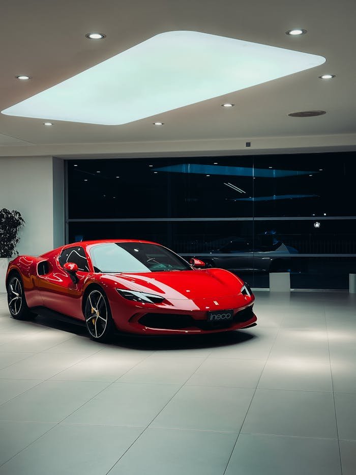 About A sleek red sports car showcased indoors with elegant lighting and modern design.